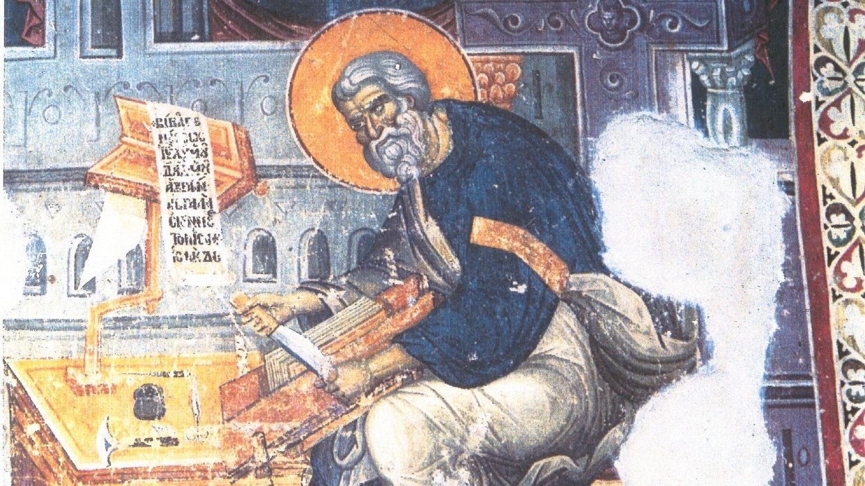 Jevanđelista Matej obrezuje knjigu, freska u crkvi Protata u Kareji